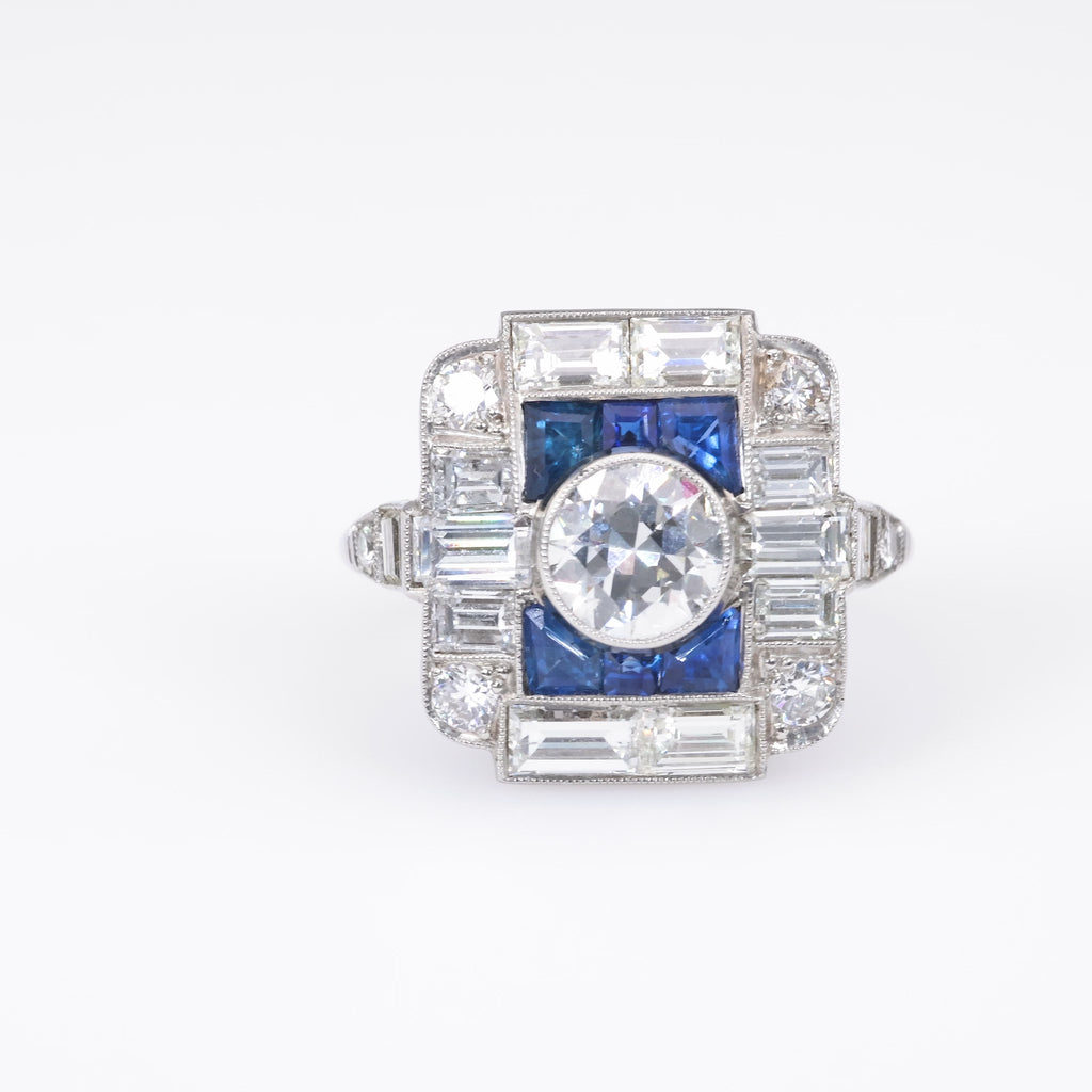 Art Deco Inspired .89 Carat Diamond Sapphire Platinum Cocktail Ring