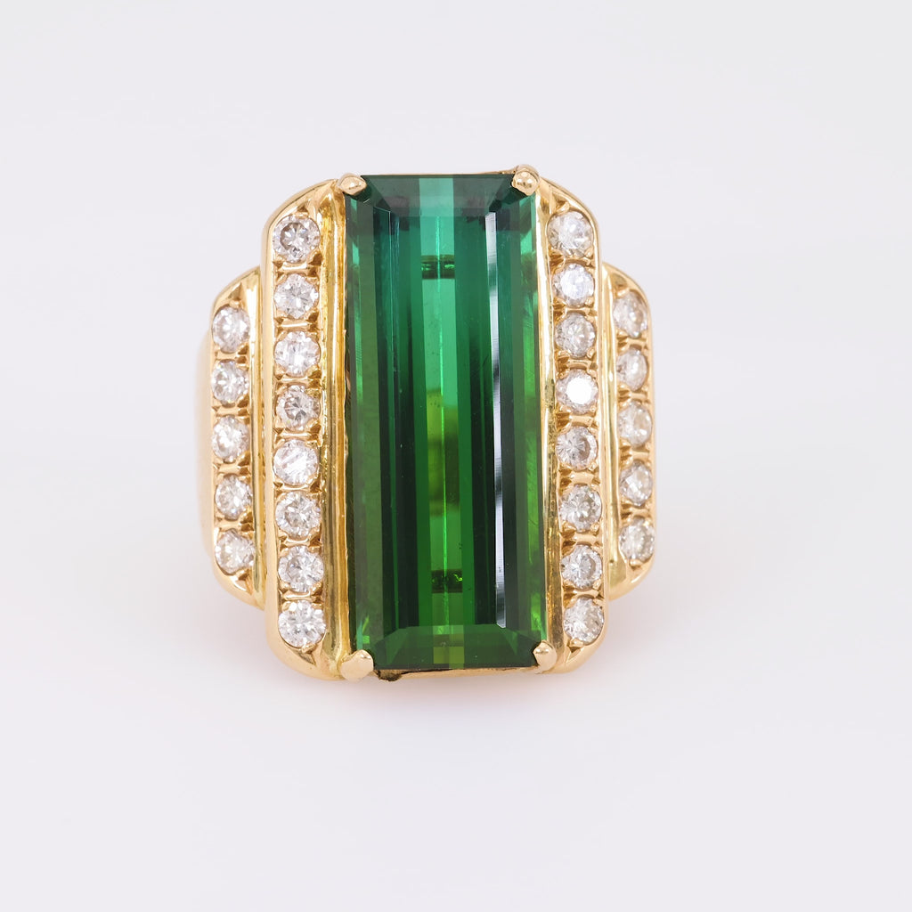 Vintage 6.9 Carat Tourmaline Diamond 14K Yellow Gold Cocktail Ring