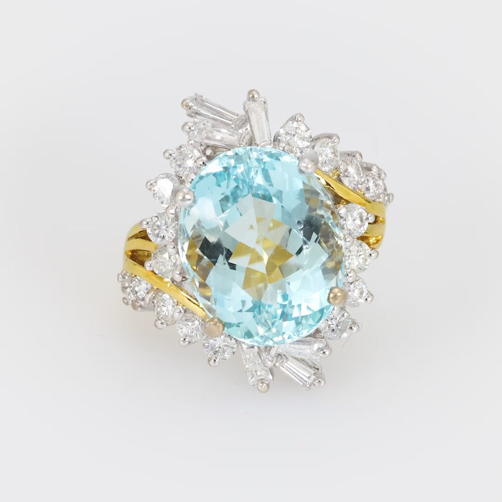 Vintage 9 carat aquamarine diamond 18k gold cocktail ring Jack Weir & Sons