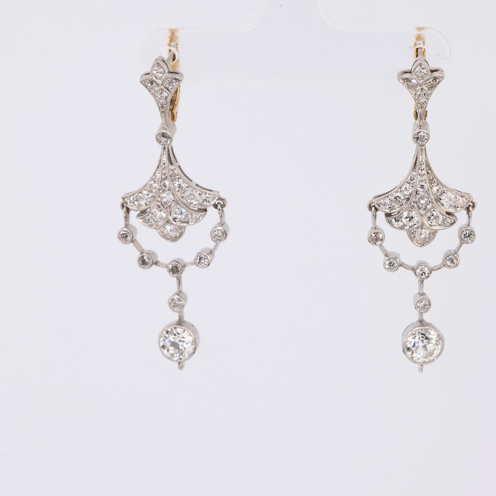 Art Deco inspired 3 carat total weight diamond platinum chandelier earrings