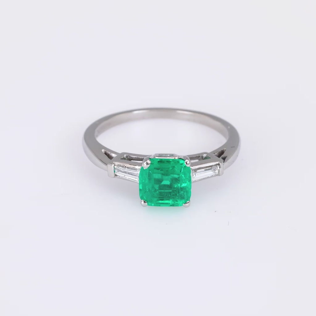 Vintage GIA 1.26 Carat Colombian Emerald Diamond Platinum Ring