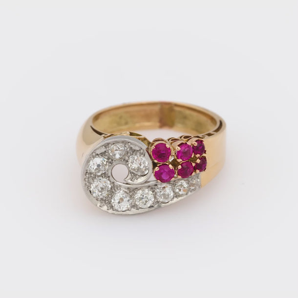 Retro diamond ruby 18k yellow gold tank ring Jack Weir & Sons