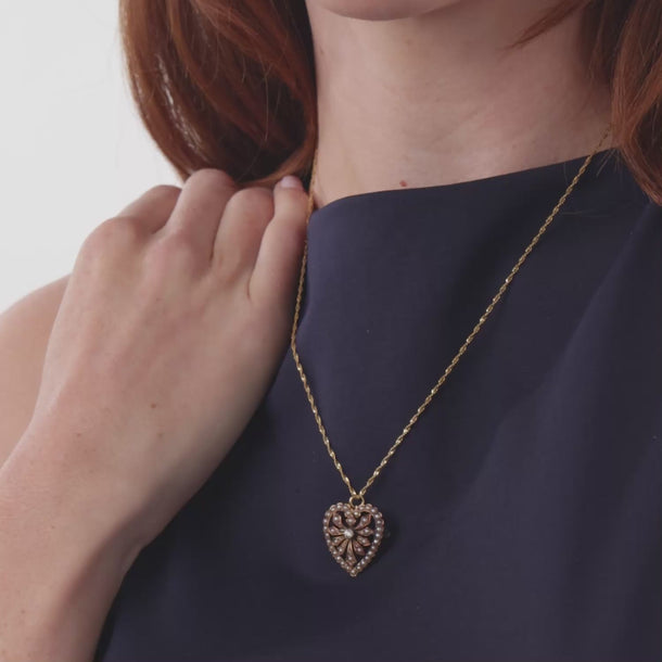 Victorian diamond seed pearl 14k yellow gold heart necklace brooch
