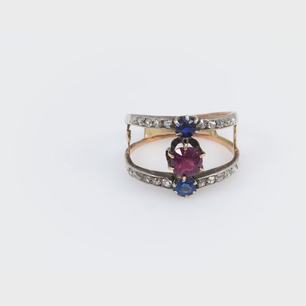 Victorian spinel sapphire diamond 18k yellow gold and silver 2 band ring Jack Weir & Sons