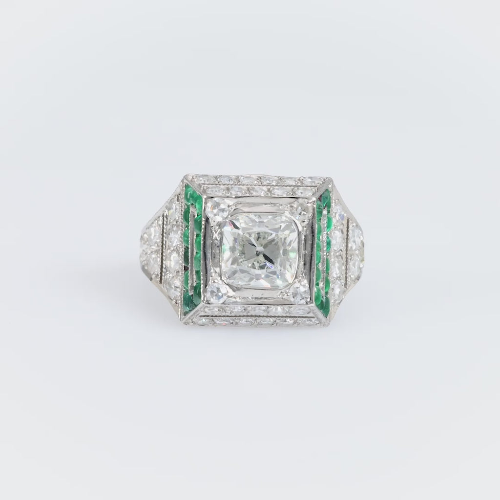 Art Deco GIA 1.51 carat old mine diamond emerald platinum ring Jack Weir & Sons