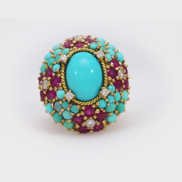 Mid Century turquoise ruby diamond 18k yellow gold cocktail ring Jack Weir & Sons