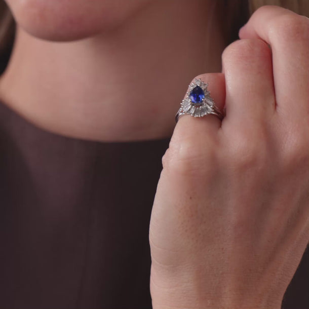 Mid Century 1.50 carat sapphire diamond platinum ballerina ring