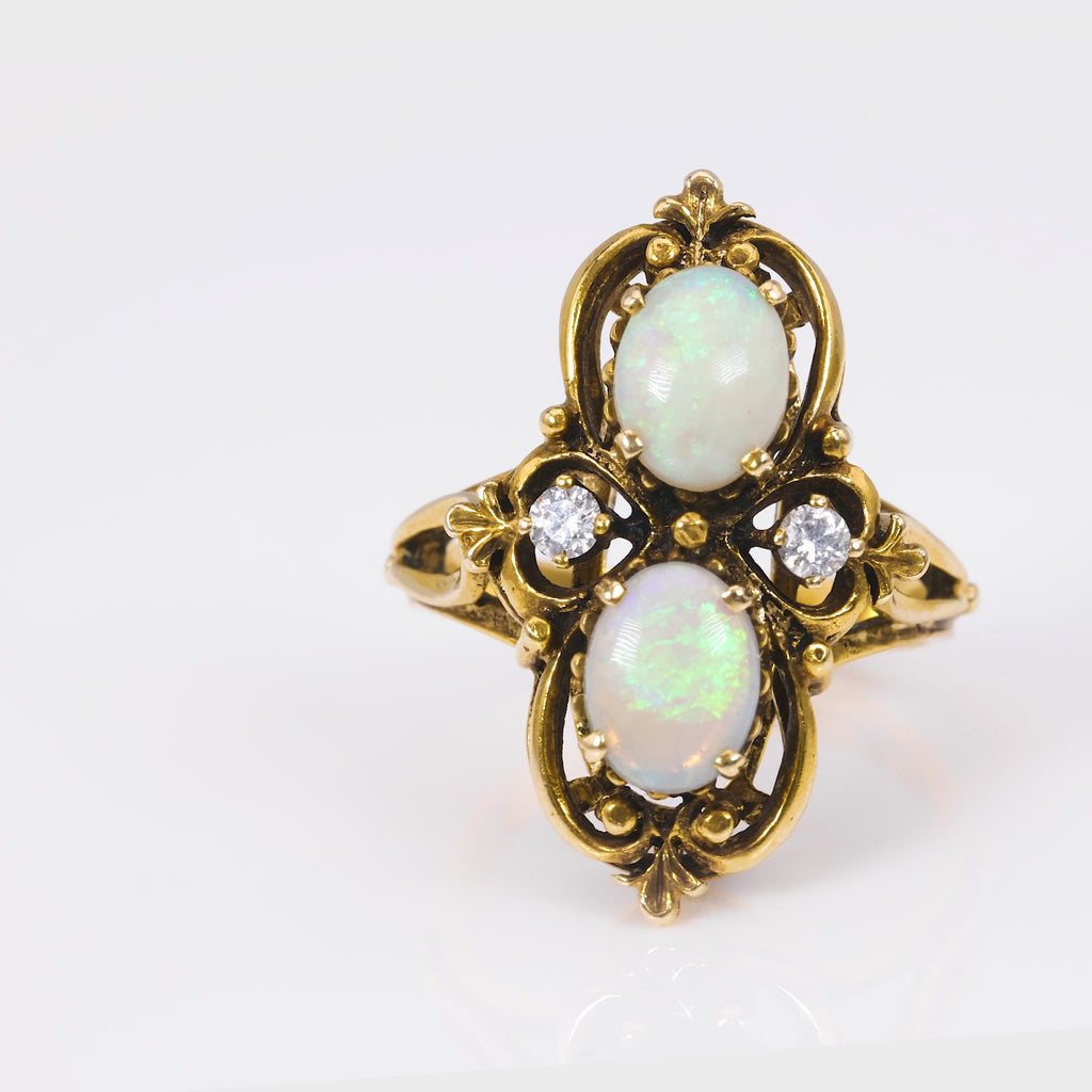 Victorian Opal Diamond 14K Yellow Gold Cocktail Ring