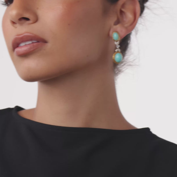 Mid Century turquoise diamond 18k yellow gold platinum drop earrings