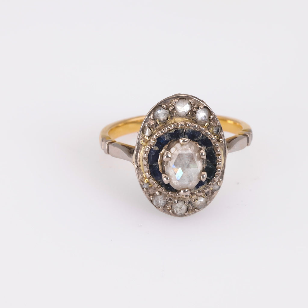 French Belle Epoque Diamond Sapphire Yellow Gold & White Gold Cluster Ring