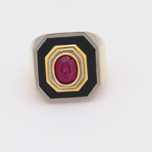 Vintage GIA 2 carat no heat ruby onyx 18k yellow and white gold ring