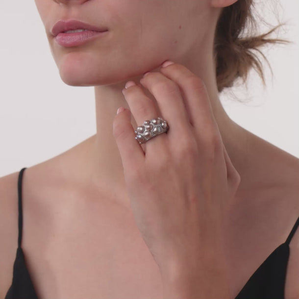 Monili natural pearl diamond platinum cluster ring