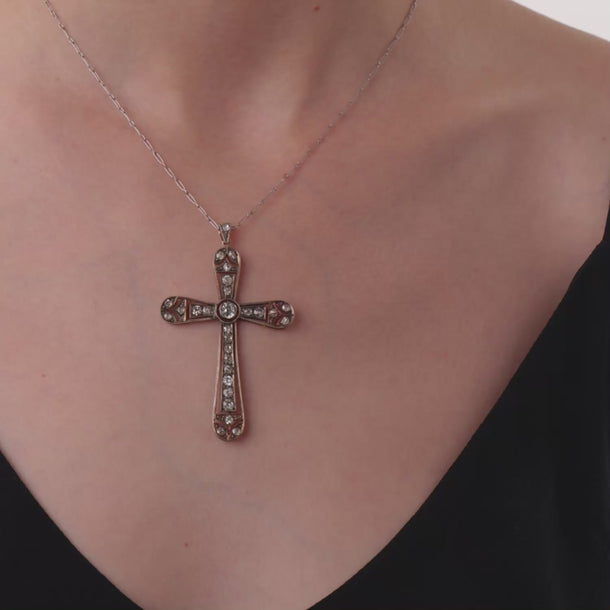 Edwardian old European cut diamond 14k yellow gold and silver cross necklace