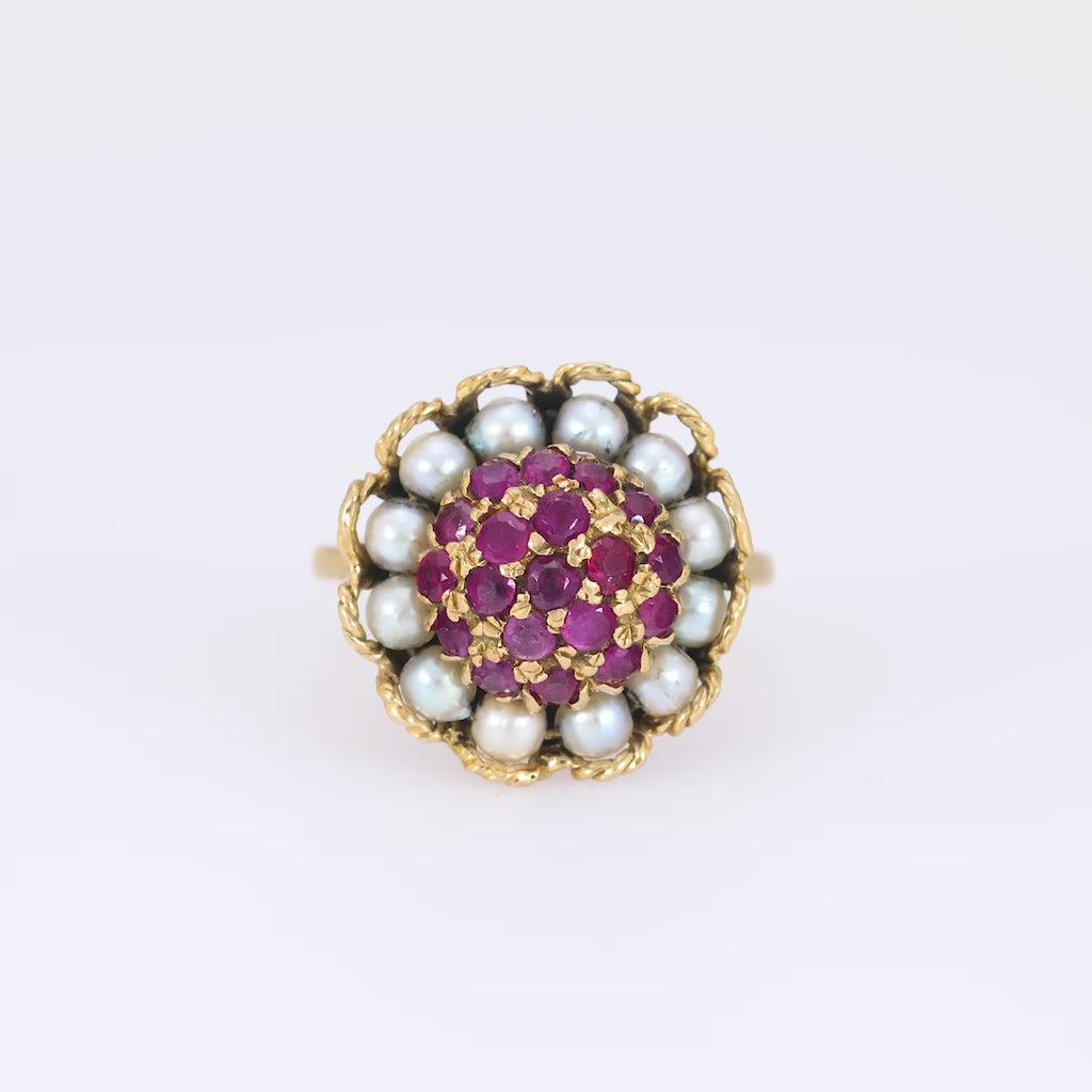 Edwardian ruby pearl 18k yellow gold ring Jack Weir & Sons