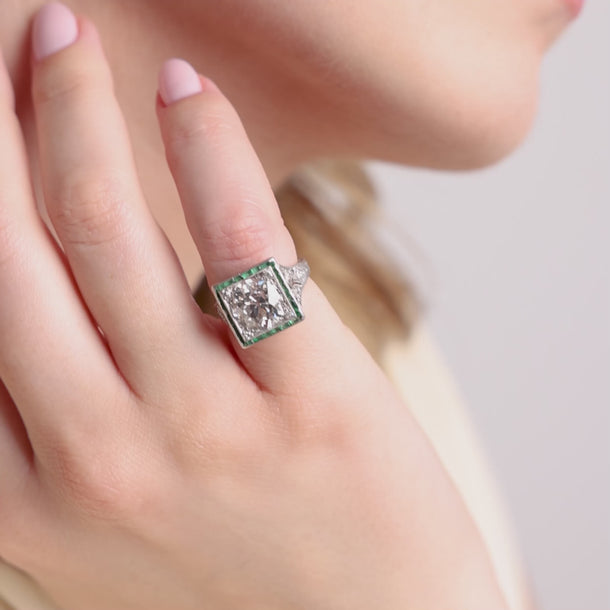 Art Deco GIA 3.42 carat old European cut diamond emerald platinum target ring Rings Jack Weir & Sons