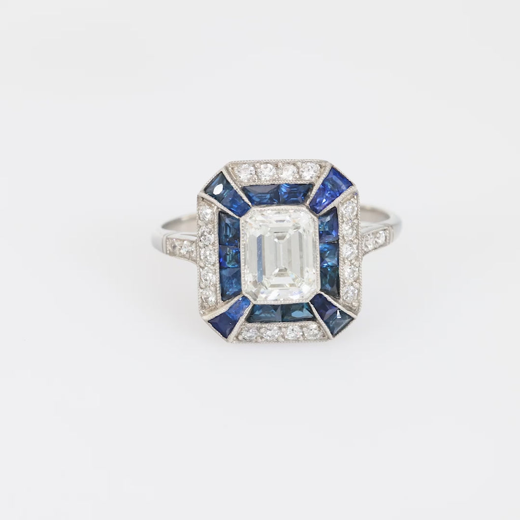 Art Deco style 1.06 carat diamond sapphire platinum ring