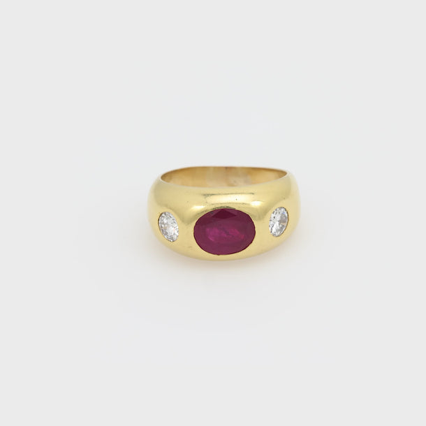 Vintage 1.70 carat ruby diamond 18k yellow gold bezel set three stone band Jack Weir & Sons