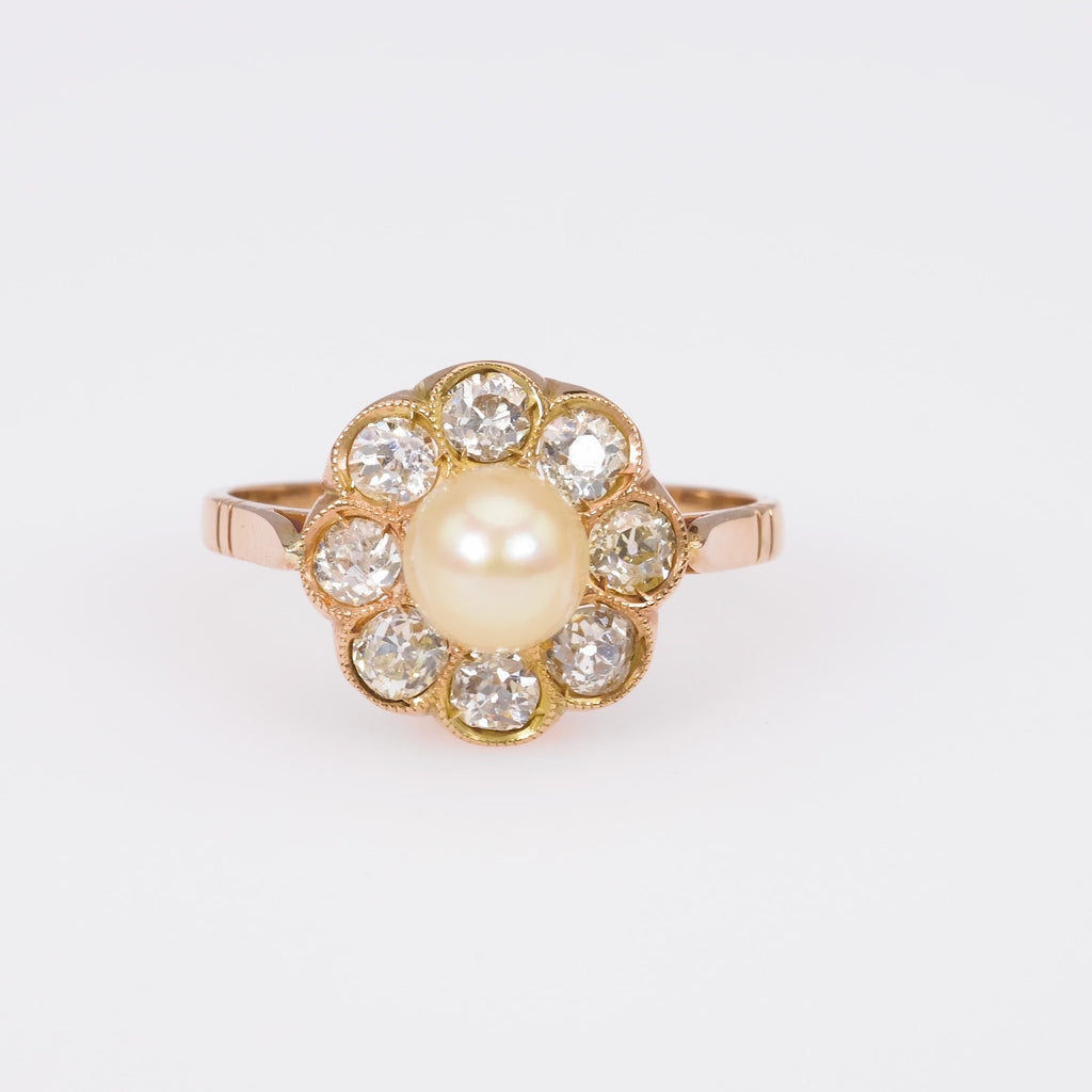 Antique Pearl Diamond 18K Rose Gold Cluster Ring