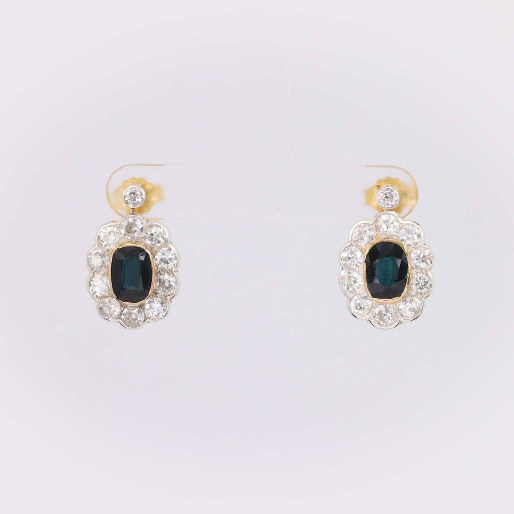 Late Victorian Sapphire Diamond Yellow Gold & Silver Cluster Earrings