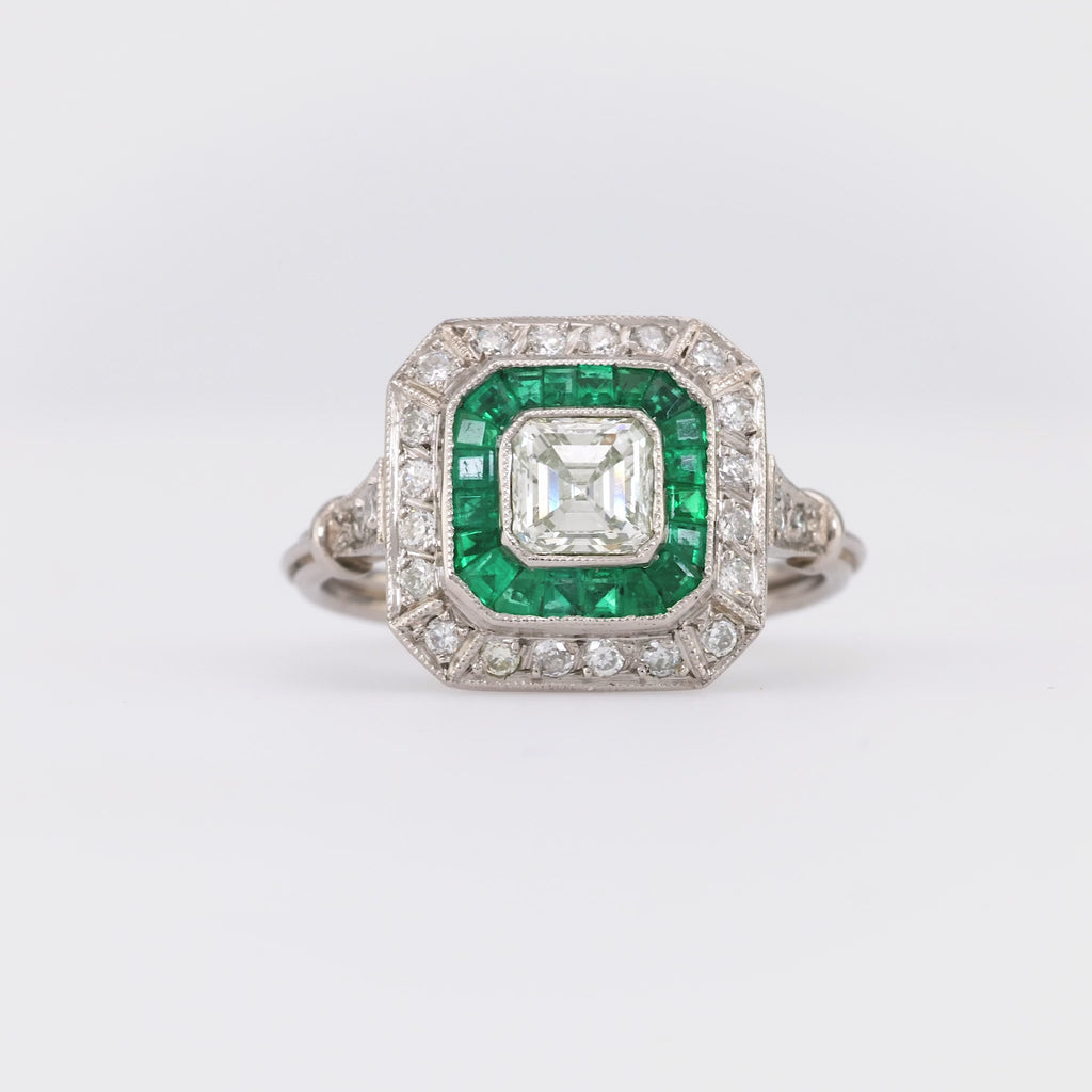 Art Deco Style Diamond Emerald Platinum Square Halo Ring Rings Jack Weir & Sons