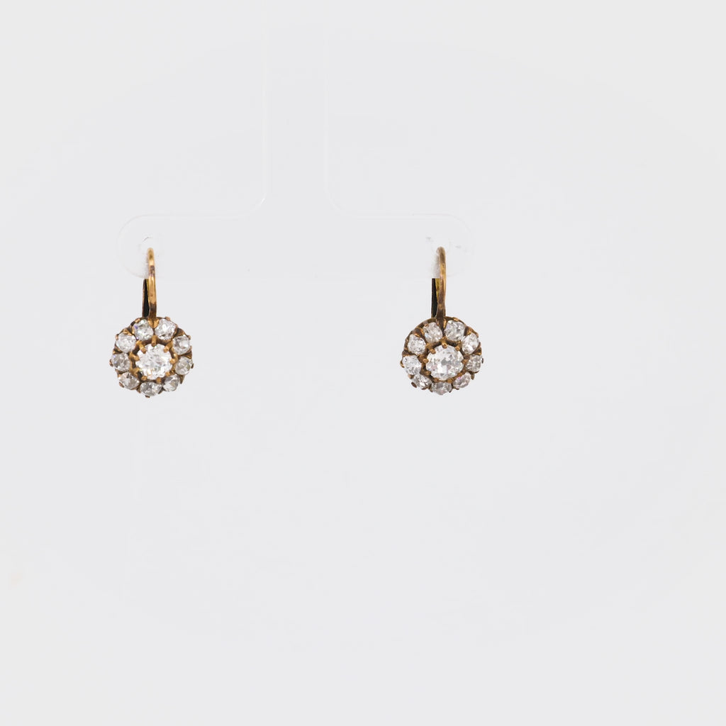 Antique Style Old Mine Diamond 18K Yellow Gold Flower Cluster Drop Earrings Earrings Jack Weir & Sons