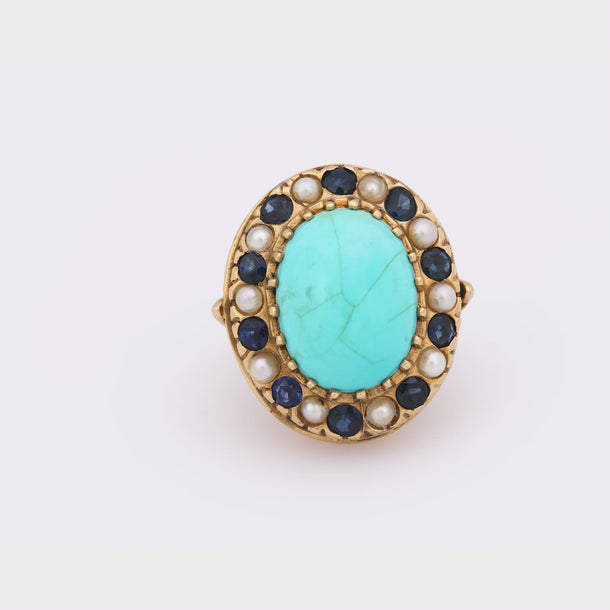 Vintage 13.20 carat turquoise sapphire pearl 14k yellow gold cocktail ring Jack Weir & Sons