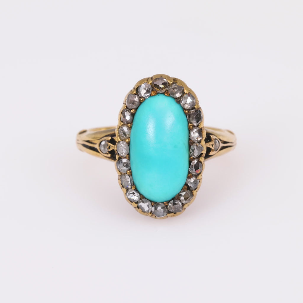 Antique Turquoise Diamond 18K Yellow Gold Cluster Ring
