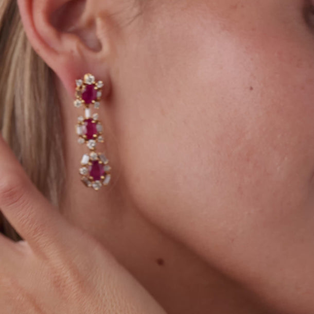 Vintage GIA 6.00 carat Burma ruby diamond 18k yellow gold earrings