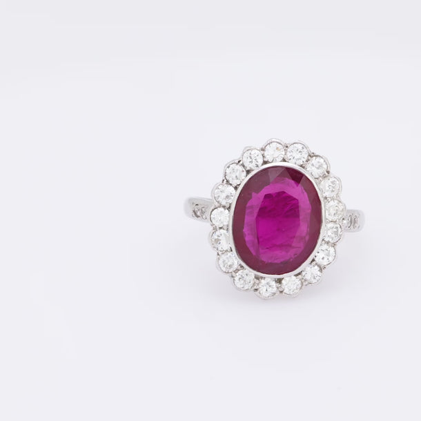 French AGL 2.60 carat ruby diamond platinum 18k white gold cluster ring