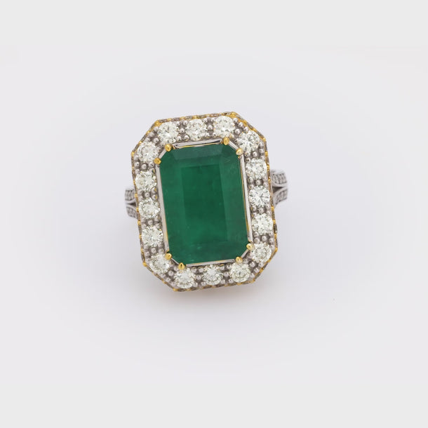 GIA 5.21 carat no oil emerald diamond 14k white and yellow gold cocktail ring