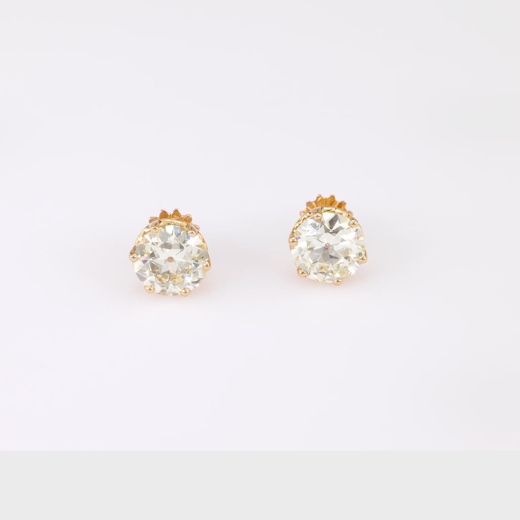 Retro GIA 3.96 Carat Diamond Total Weight 18K Yellow Gold Studs