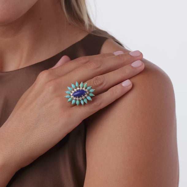 Vintage lapis lazuli diamond turquoise 14k yellow gold cocktail ring
