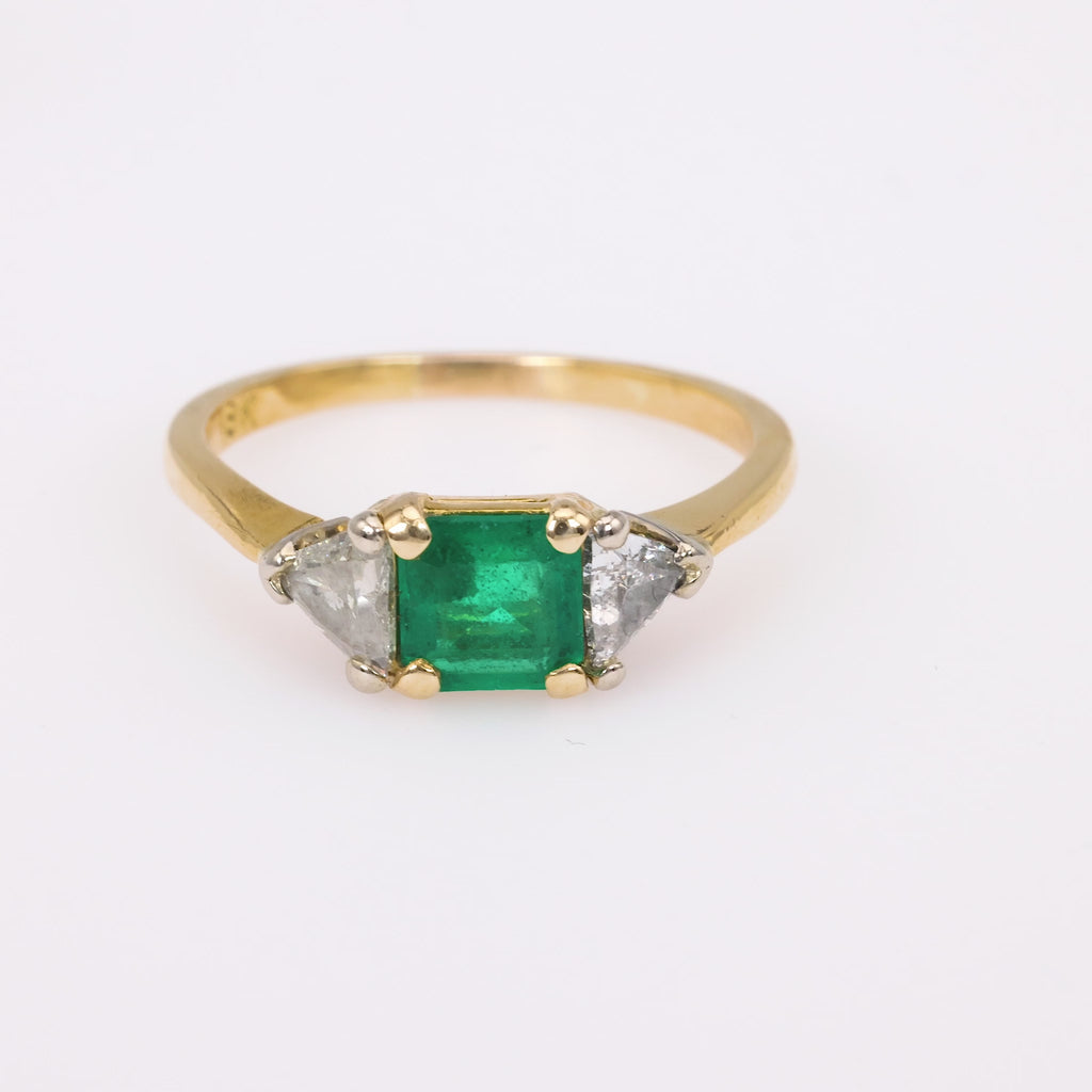 Vintage Emerald Diamond 18K Yellow Gold Three Stone Ring