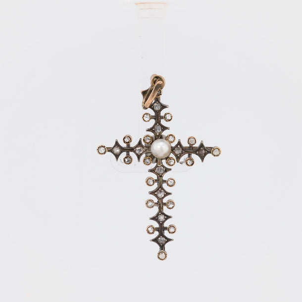 Antique Pearl Diamond 18K Yellow Gold Silver Cross Pendant Jack Weir & Sons