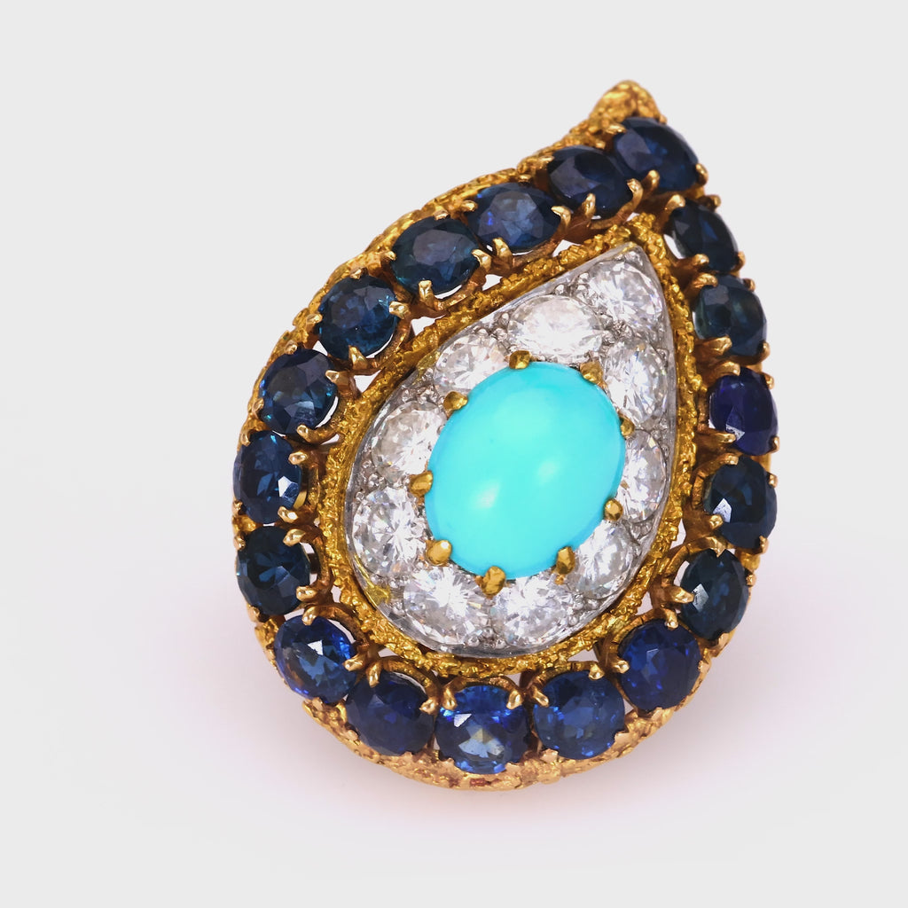 Mid-Century Turquoise Sapphire Diamond Gold Ring