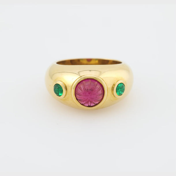 Cartier French 2 carat carved pink sapphire emerald 18k yellow gold ring Cartier
