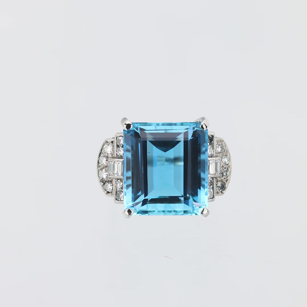 Art Deco 19.02 carat aquamarine diamond platinum cocktail ring Jack Weir & Sons