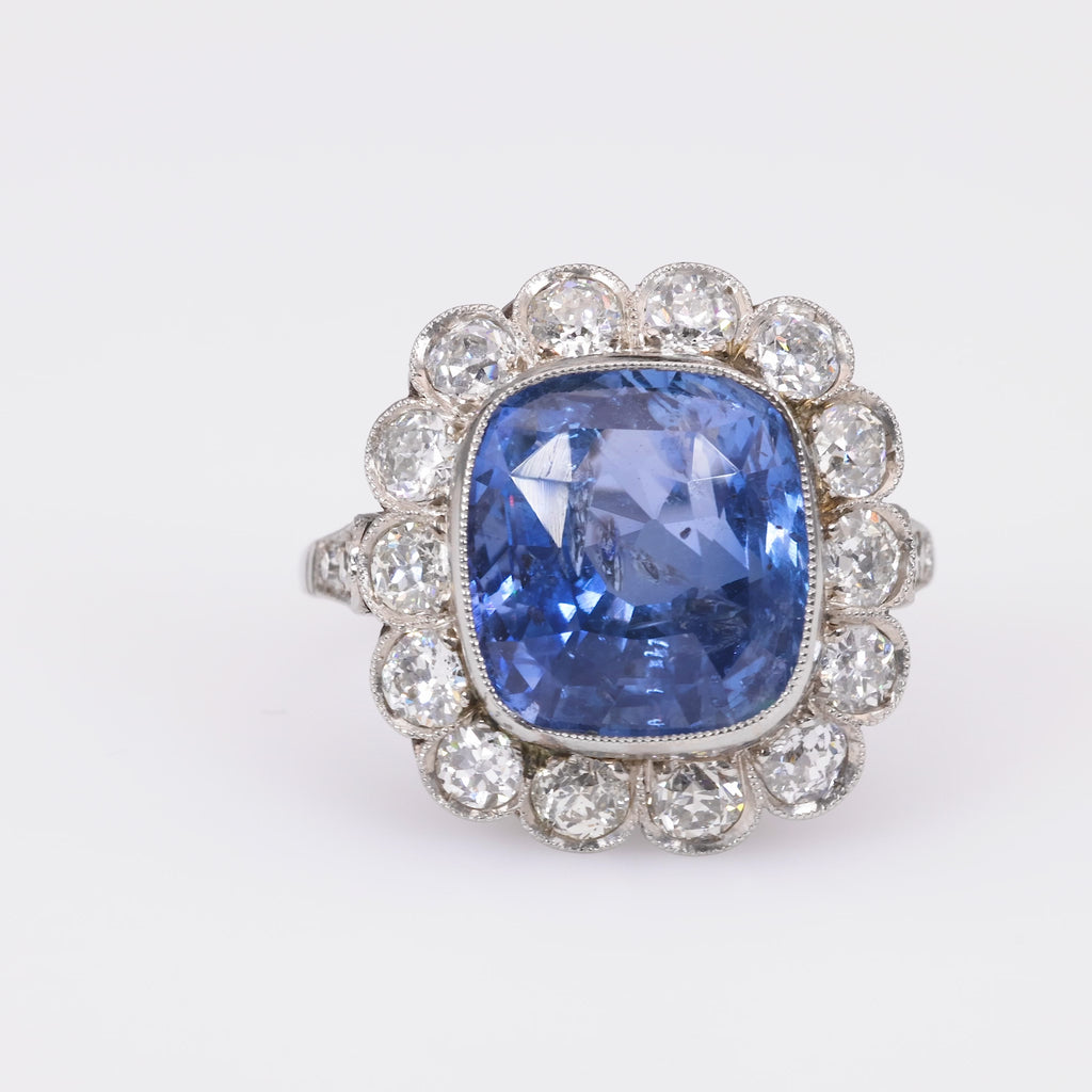 Art Deco Inspired 10.10 Carat Cushion Ceylon Sapphire Diamond Platinum Ring