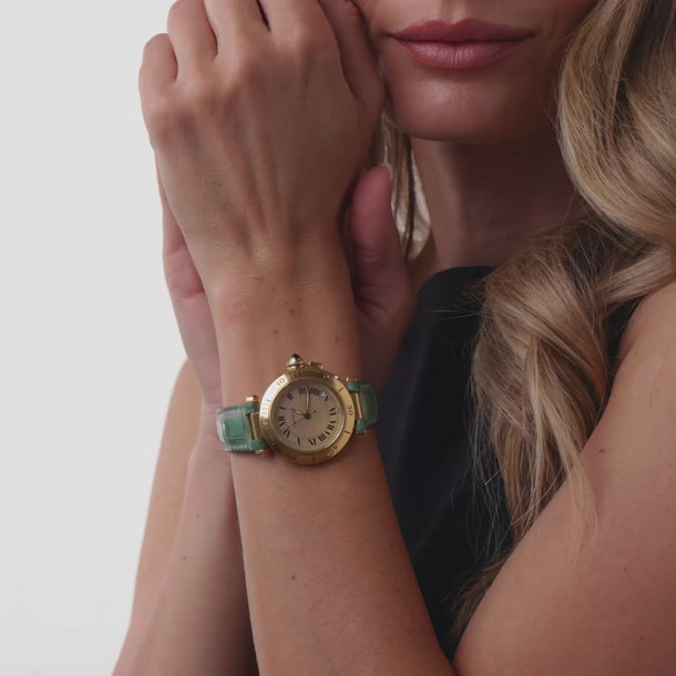 Cartier 18k yellow gold buckle leather strap Pasha watch
