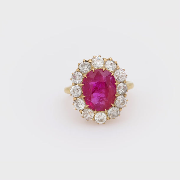 Victorian AGL 5.92 carat Burma no heat ruby diamond 18k gold cluster ring Jack Weir & Sons