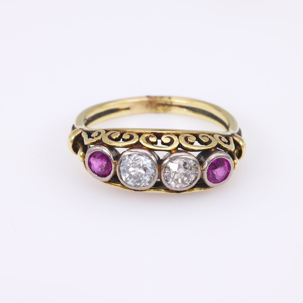 Victorian Diamond Ruby 14K Yellow Gold Band