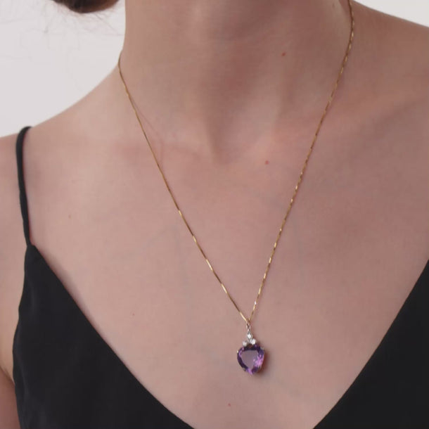 Vintage amethyst diamond 14k yellow gold platinum heart necklace