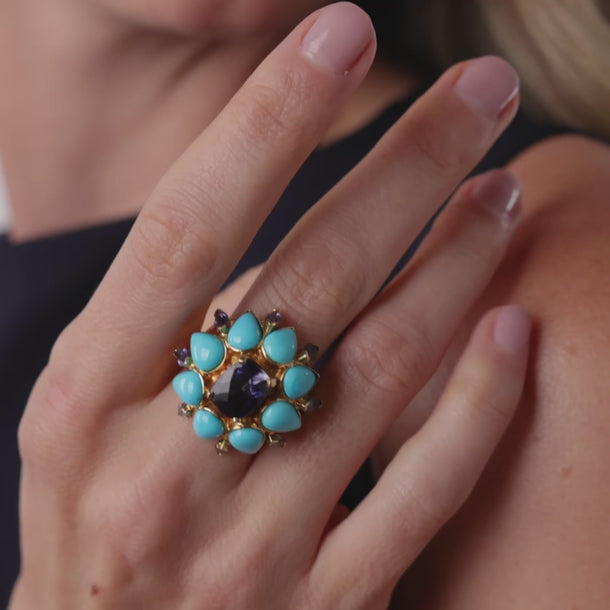 Vintage tanzanite turquoise 18k yellow gold cocktail ring Rings Jack Weir & Sons