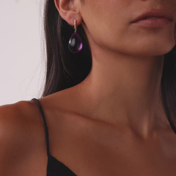 Sanalitro contemporary amethyst diamond 18k yellow gold drop earrings