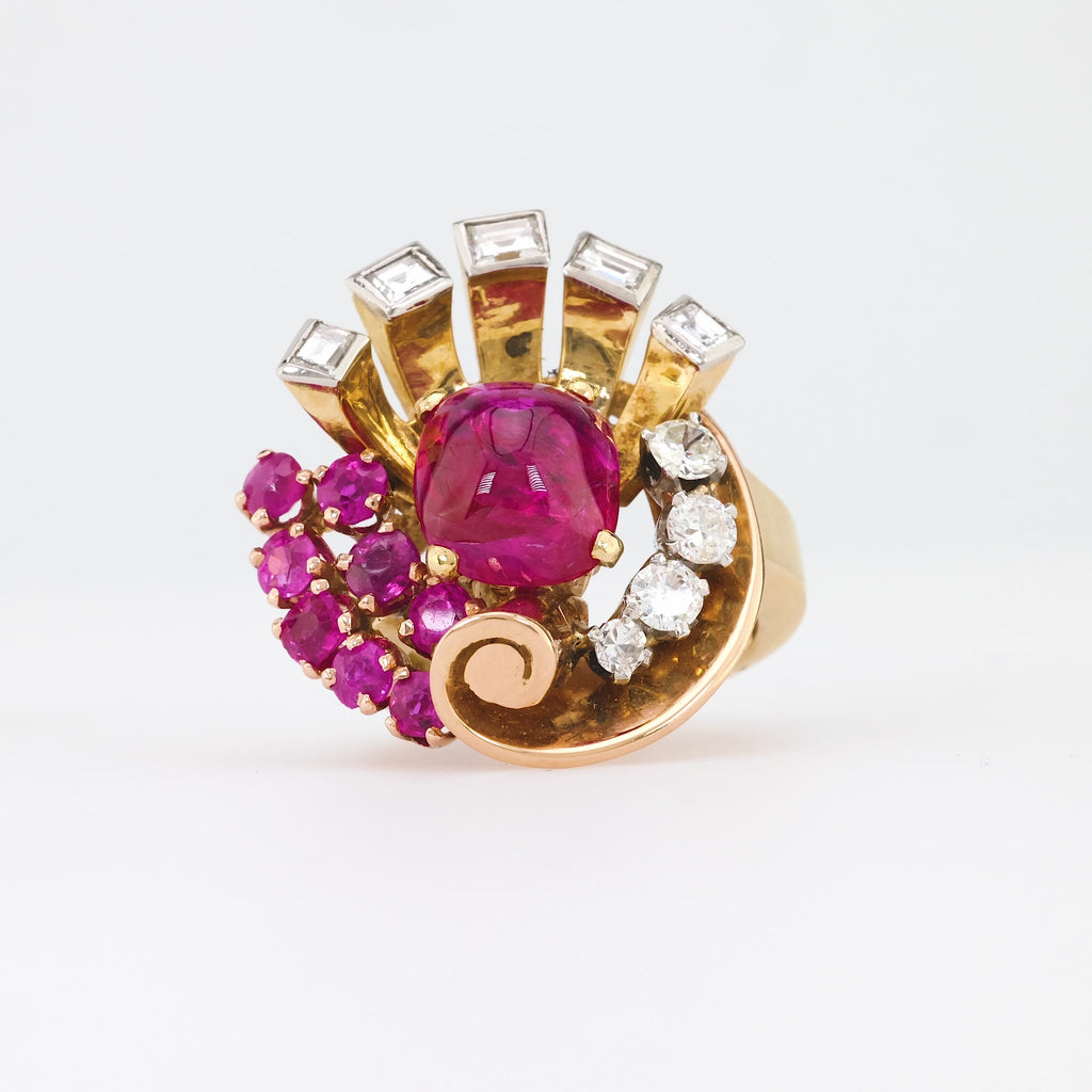 Retro 4.89 Carat Cabochon Cut No Heat Ruby Diamond 18K Yellow Gold Cocktail Ring