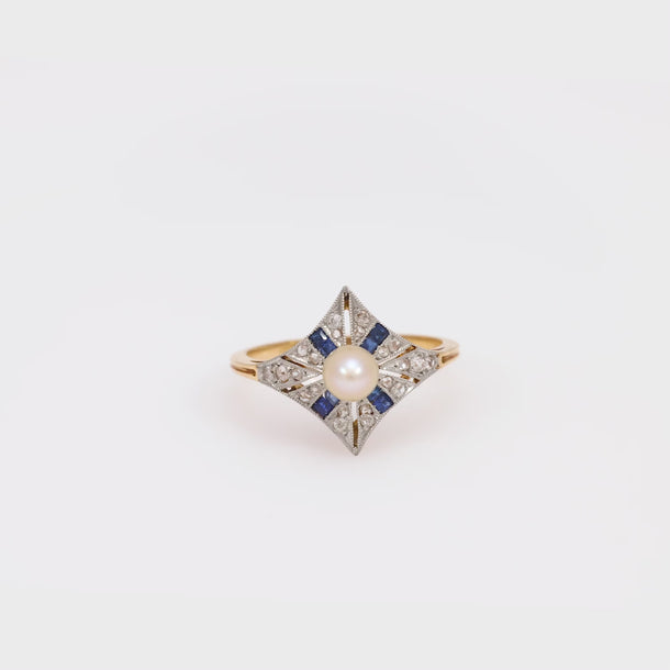 Belle Époque French pearl sapphire diamond 18k yellow gold ring Jack Weir & Sons