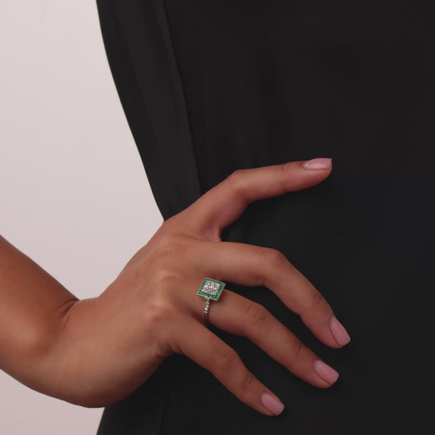 Art Deco style diamond emerald platinum ring