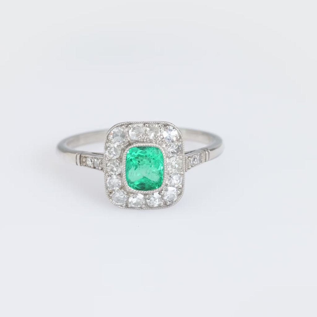 Art Deco style .54 carat emerald diamond platinum ring Jack Weir & Sons