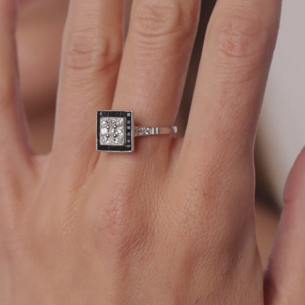 Art Deco inspired diamond onyx platinum square target ring Rings Jack Weir & Sons