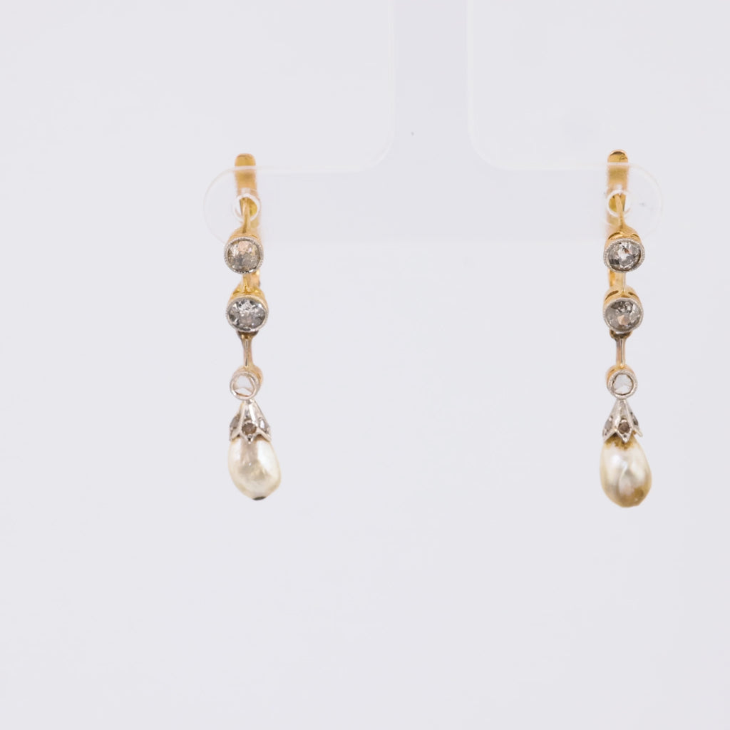 Antique natural pearl old cut diamond 18k yellow gold drop earrings